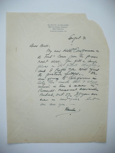 1931 HAMLIN GARLAND AMERICAN NOVELIST AUTOGRAPH LETTER DISCUSSING BOOK, MEDAL