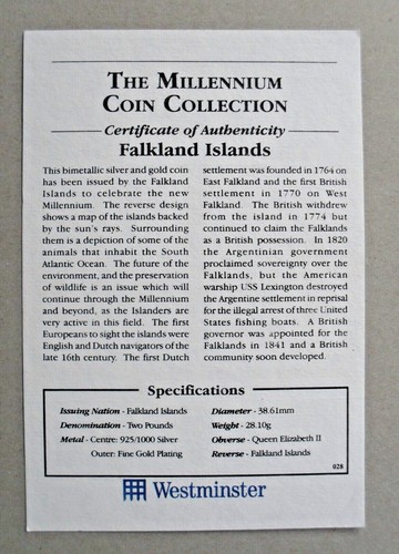 1999-2000 FALKLANDS ISLANDS £2 SILVER PROOF THE MILLENNIUM COIN "ISLAND MAP" COA - Picture 3 of 4