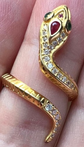 Genuine Ruby Diamond Emerald Coiled Snake Ring 14K Yellow Gold on solid 925 coil - Picture 16 of 16