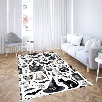 Rug Halloween Decor Black Cat Pumpkin Ghost Bat Witch Hat Haunted House Carpet