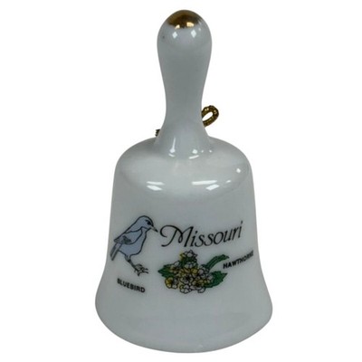 Vintage ''Missouri'' Souvenir Bell Bluebird Hawthorne Flower White Porcelain 2.25''