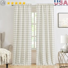 Linen Texture Semi Sheer Curtain Panels Rustic Checkered Window Curtains New
