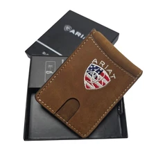 New Ariat Western Mens Money Clip Bifold Leather Flag Patch Logo Brown NIB