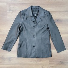 Dialogue Genuine Black Leather Jacket Coat Button Front Pockets Women's Sz Small