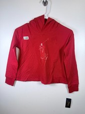 BNWT Polo Ralph Lauren Kids Girls Big Pony Cropped Hooded T Shirt Red Sz M 8-10