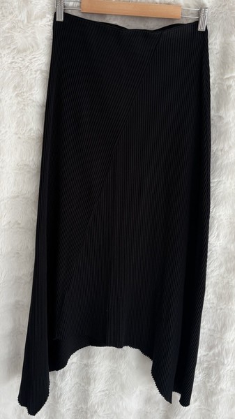 BASSIKE Black Ribbed Asymmetric Midi Skirt Draped Hem Minimalist AU Made S 8-10