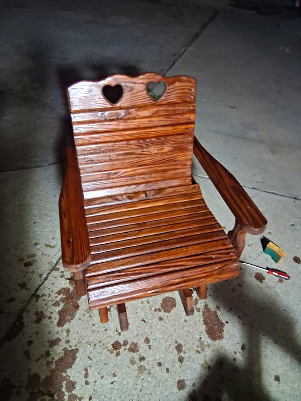 Brown Medium Wood Accent Chair w/ Arms, Slatted Seat/Back, Heart Cutout