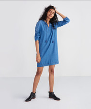 Madewell Blue Denim Artiste Mini Tunic Dress Tassel Tie 3/4 Sleeve Pockets S