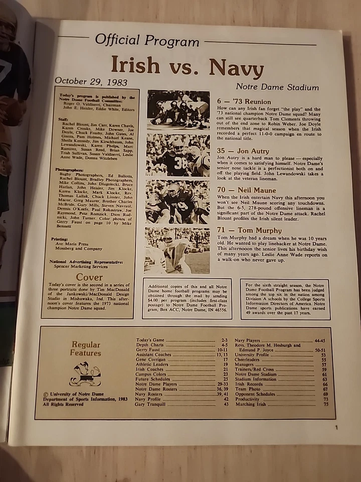 Notre Dame vs Navy Football October 29, 1983 Program Notre Dame Stadium b41:6935 - Image 3 of 4