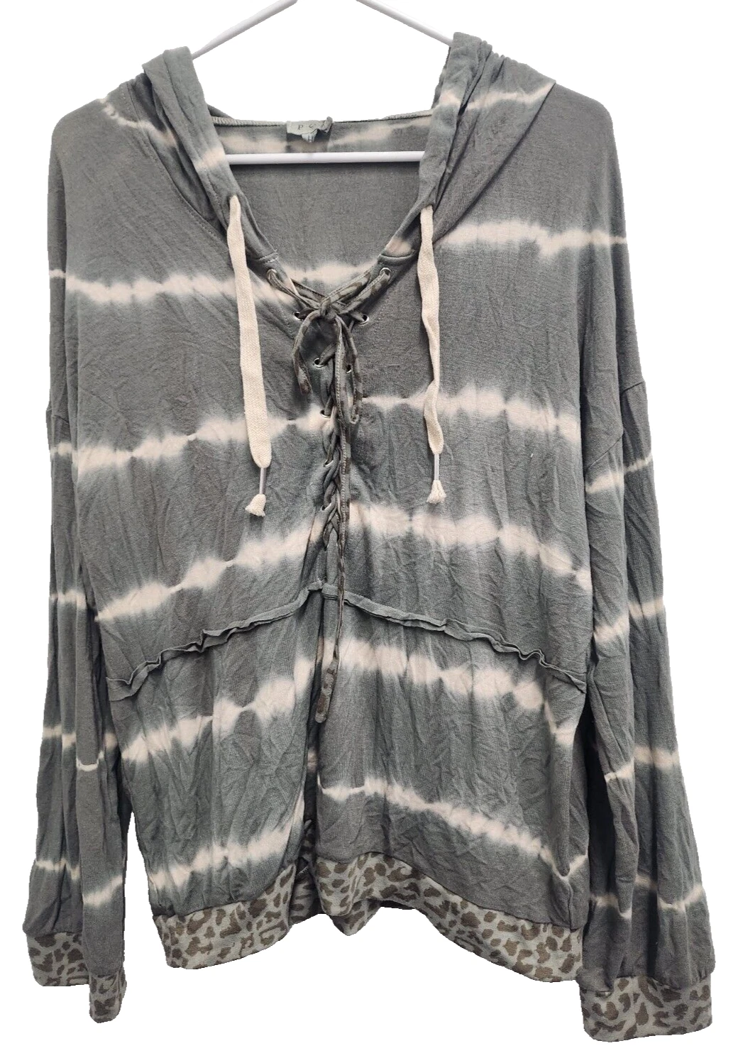 POL Hoodie Womens Large Gray Tie Dye Lace Up BOHO Hippie Long Sleeve Casual