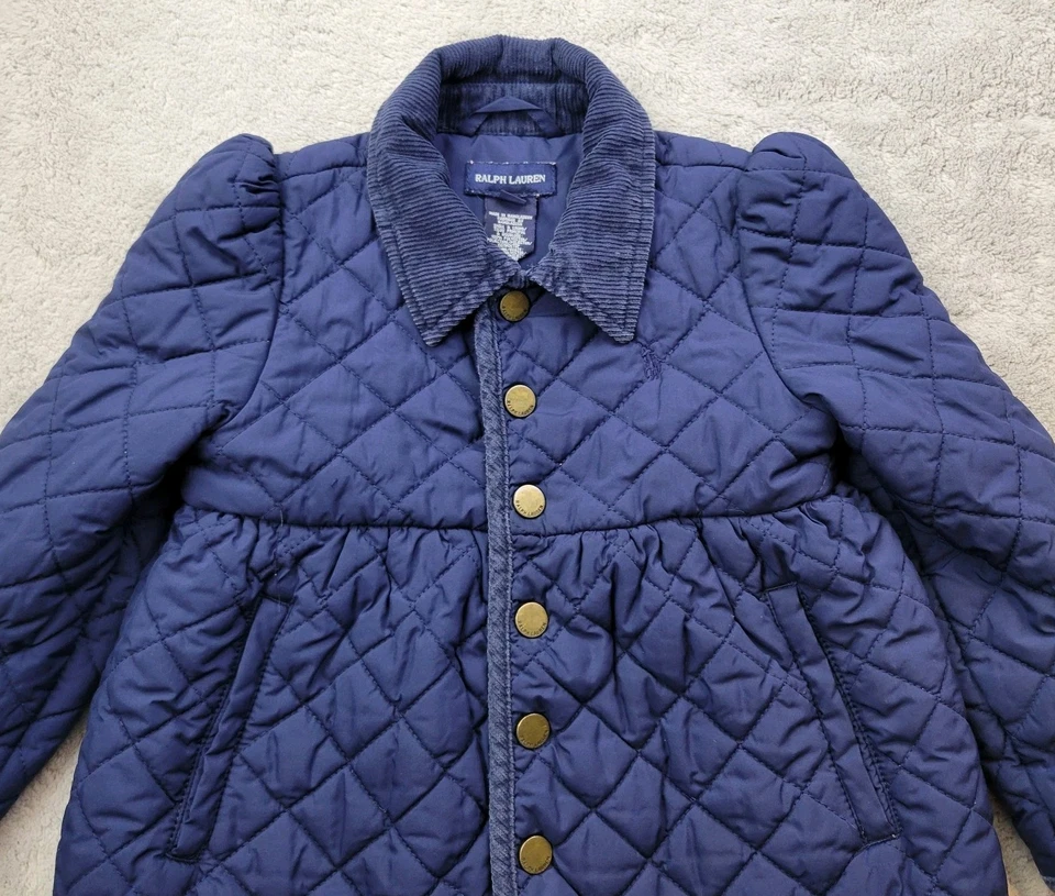 Ralph Lauren 绗缝夹克女孩 4/4T 蓝色卡扣灯芯绒领口袋 — 第 2/4 张图片