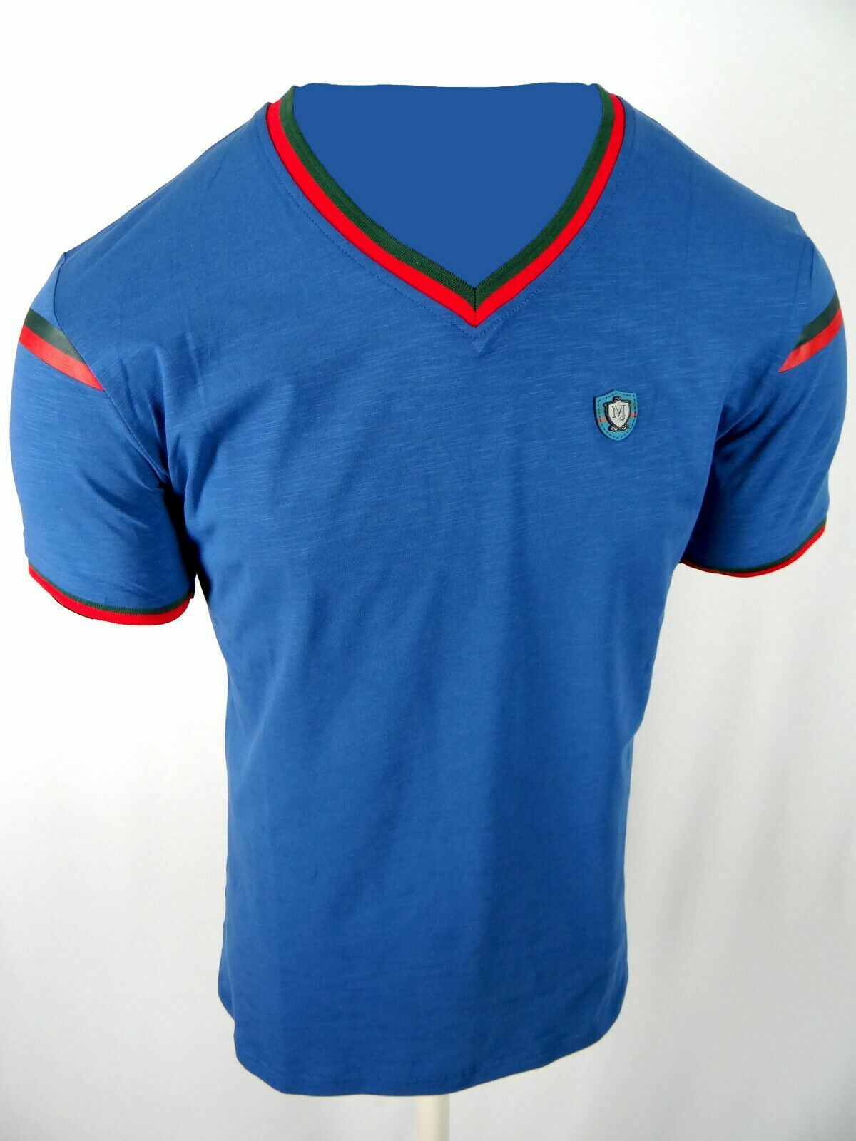 Mens T- Shirt Blue Designer Sport Stripe Green Red V-Neck Slim Fit Stretch  | eBay