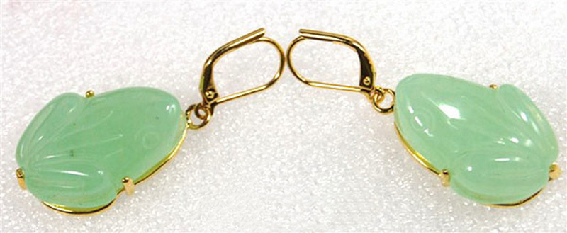 Natural Light Green Jade Frog Pendant Yellow Gold Plated Leverback Hook Earrings - Product main view