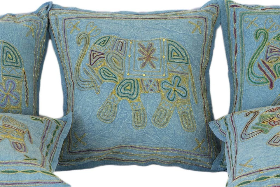 AamiraA Exotic Kantha Embroidery Elephant Blue Cushion Cover Decor Pillow Case - Image 3 of 4