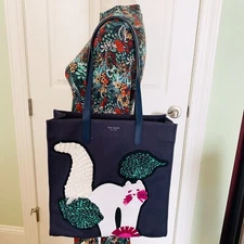 NWT Kate Spade Kitt embellished Cat Large NS tote in blazer blue, white kitty 