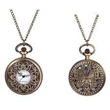 Antique Bronze Tone Hollow Quartz Pocket Watch Mens Women Sweater Chain Necklace