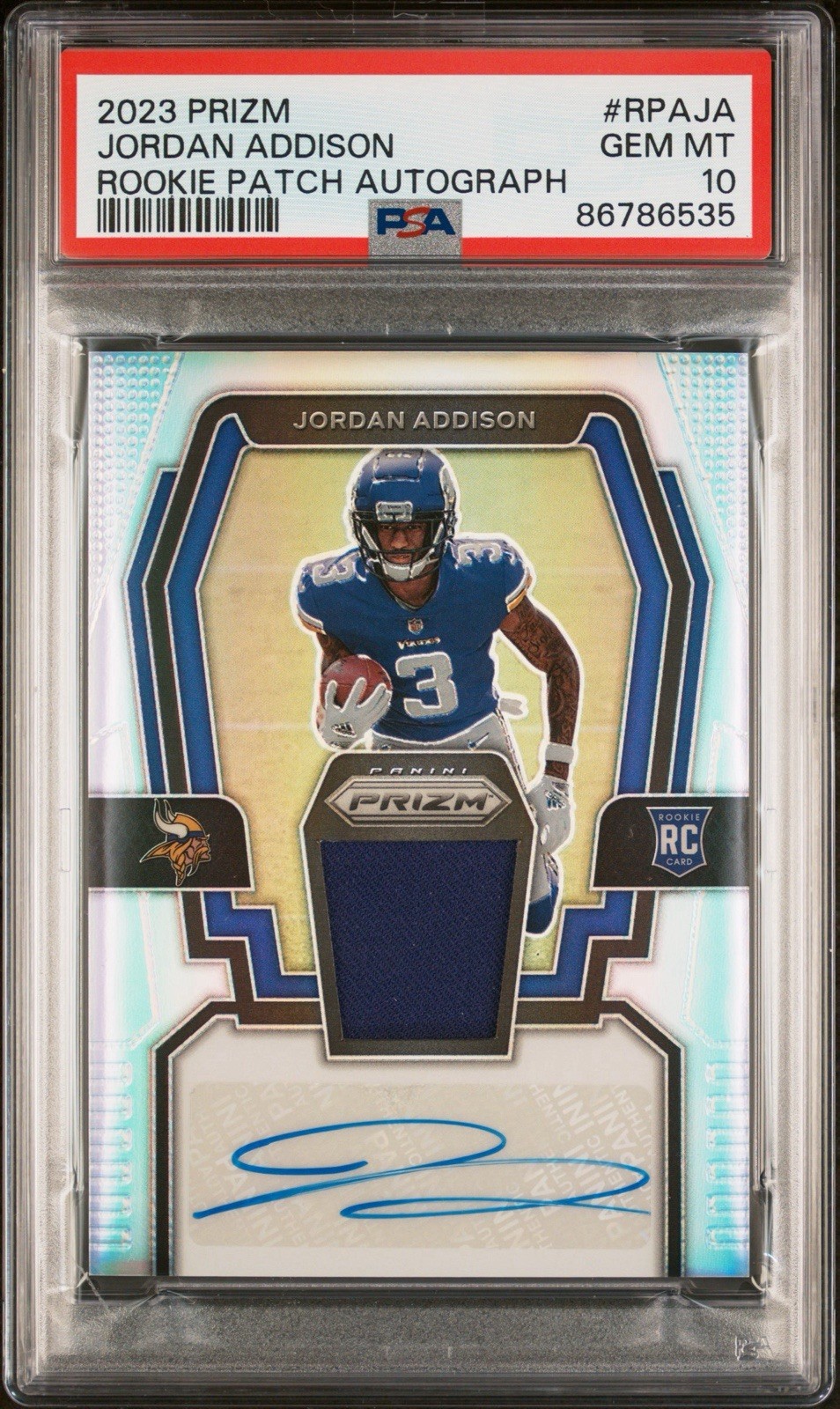 2023 Prizm Jordan Addison RC Rookie Patch Autograph Silver /99 PSA 10 💎
