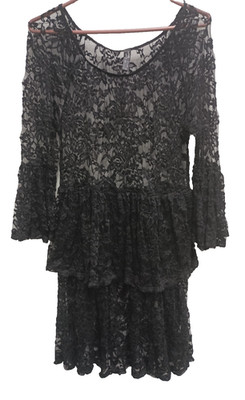 Super Nova Womens Whimsygoth Mini Dress Medium Black Lace Sheer Tiered Witchy