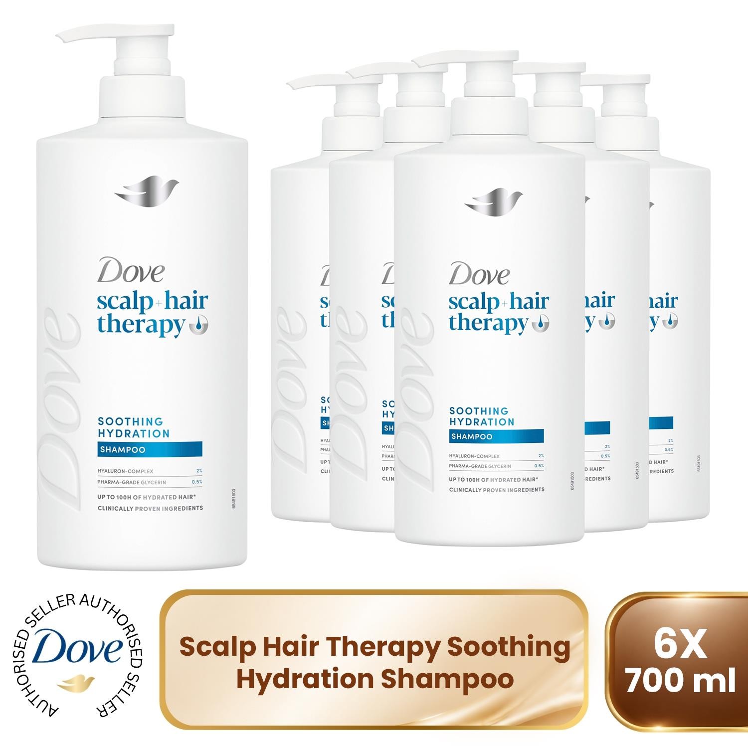 Dove Scalp+Hair Therapy Shampoo, 6x700ml Soothing Hydration Hyaluron-Complex