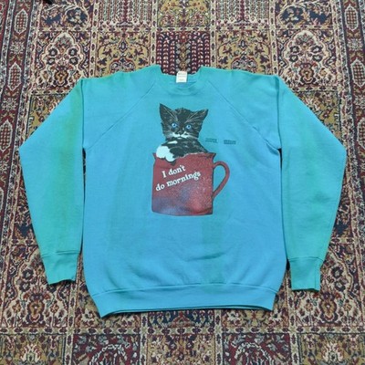 VTG 80s 90s Cat Kitten Mug I dont do mornings Cute Sweatshirt XL Teal USA Stain