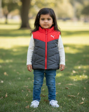 Puma Kids Puffer Vest Full-zip Stand-up Collar Black Red Unisex Size 3/4 NWOT