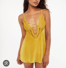 Savage x Fenty Velvet Vixen Slip in Mini Dress Golden Yellow Sz Small