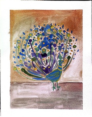 Colorful Peacock Abstract Impressionist Original Watercolor Painting 8x10