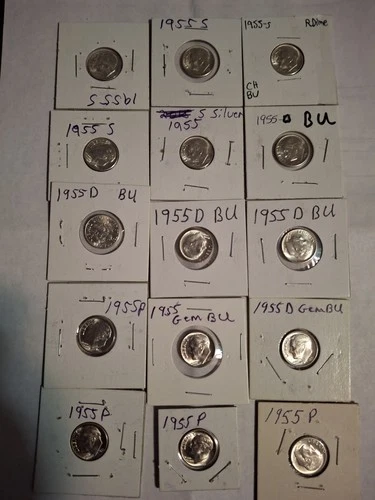 Roosevelt Dimes 15 ea-1955 S D P Silver Lot Uncirculated Gem BU 10C US Coins