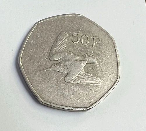 Ireland 50 Pence Woodcock Bird & Irish Harp Coin, KM#24, (1970-2000 Type)