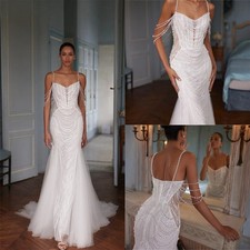 Luxury Mermaid Wedding Dress Sparkling Beaded Pearls Lace Straps Bridal Gown