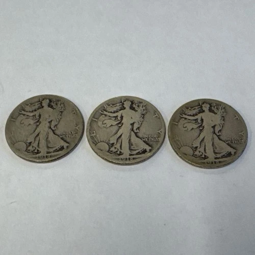 3 Coins 1918 P, D, S Walking Liberty 90% Silver Half Dollar 1/2 Melt Under Scrap