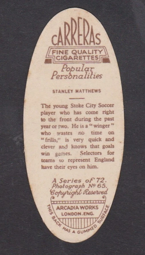 Tobacco Card, Carreras, POPULAR PERSONALITIES, 1935, Stanley Matthews, #65 Vg-Ex - Image 2 of 2