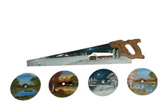 Vintage 5 Piece Hand Painted Saw's Rustic Cabin Wall Art 1 Hand Saw 4 Round Saws