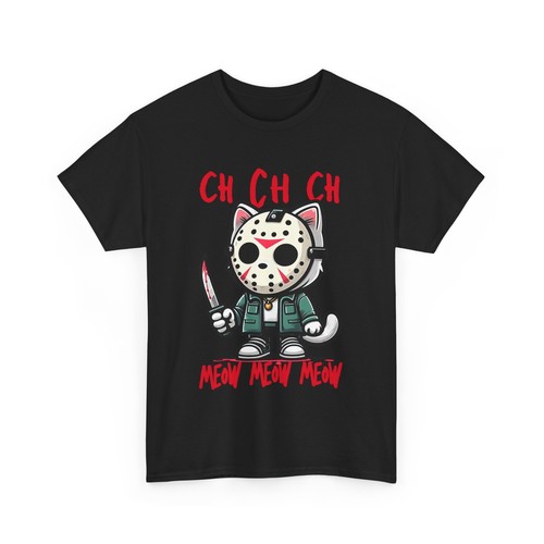 Funny Cat Horror Movie Parody T Shirt, Cute Cartoon Cat with Mask and Knife