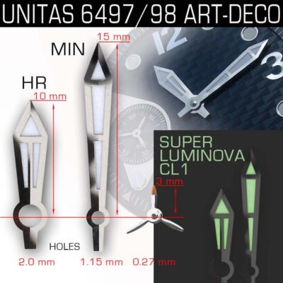 HANDS SET FOR MOVEMENT ETA UNITAS 6497/6498, ART DECO WITH  PROPELLER SECOND