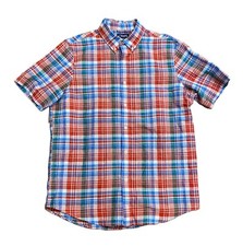 Chaps Ralph Lauren Linen Cotton Red Blue Plaid Short Sleeve Button Up Shirt Sz L