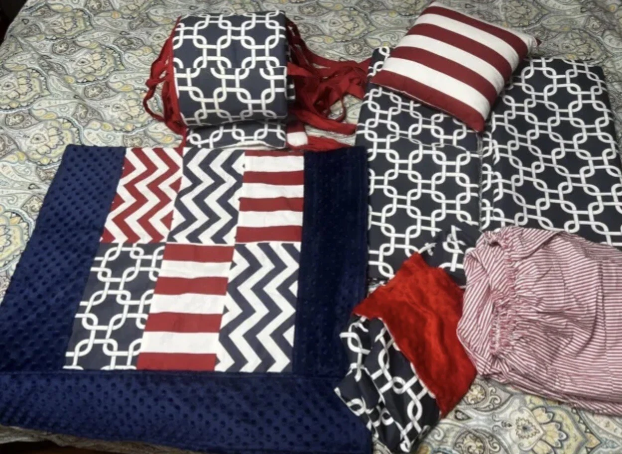 Flink Baby Crib Bedding Set Nautical Red White Blue Quilt Sheet Curtains Pillow