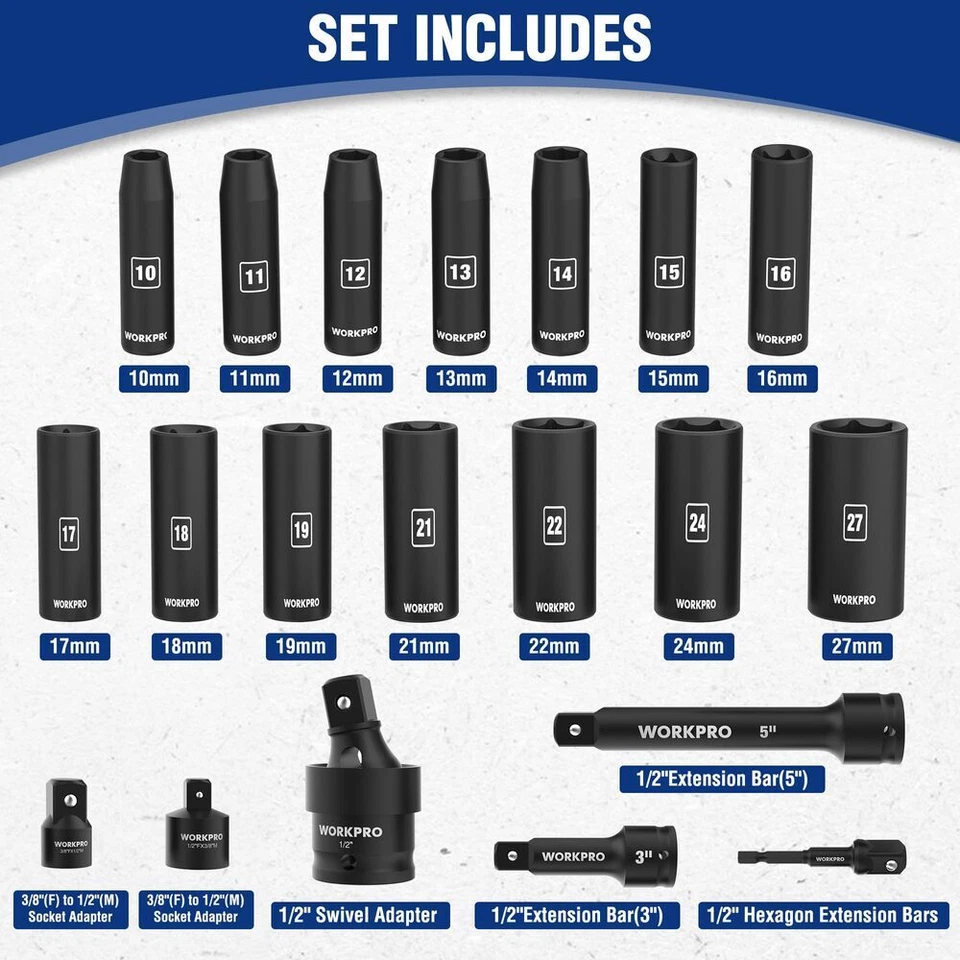 WORKPRO 20PACK 1/2" Drive Deep Impact Socket Set 10-27mm Universal Joint Metric - Image 2 of 4