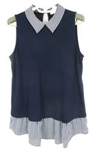 LOFT Women Lightweight Stretch Comfy Rayon Poly Tank Top Navy Blue White S