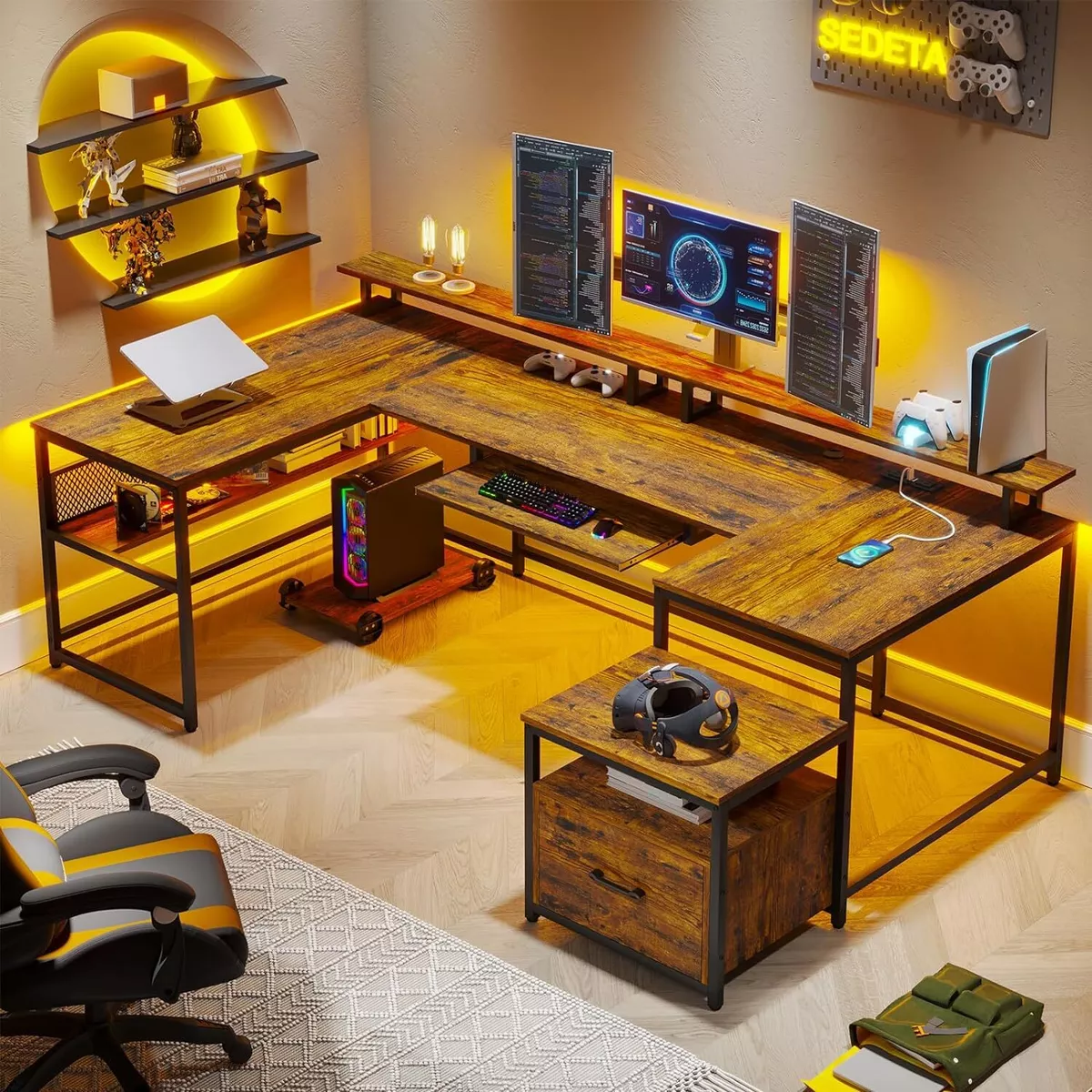 U Shaped Gaming Desk Two People Home Office Desk with File Drawer