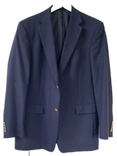 Vtg HART SCHAFFNER MARX Navy WOOL Blazer 42L Sport Coat Jacket Gold Logo Buttons