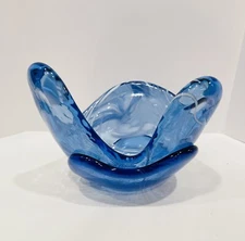Fire and Light Recycled Art Glass Splash Bowl Dish Free Form Blue White SIGNED