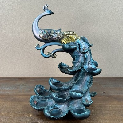 Hand Painted Peacock Tea Light Candle Holder Unique Statue Teal & Gold 15.5 