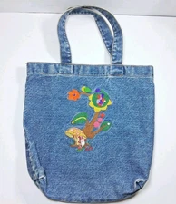 VINTAGE Innovo Faded Denim Tote Purse Bag Embroidered Flowers Mushroom Gnome