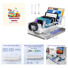 320W Charging Station for Multiple Devices, 10 Ports Fast Multi-Device Charge...
