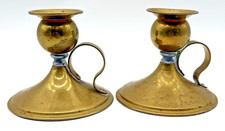 Antique Brass Push Up Candlesticks Pair Primitive Chamber Stick Holders