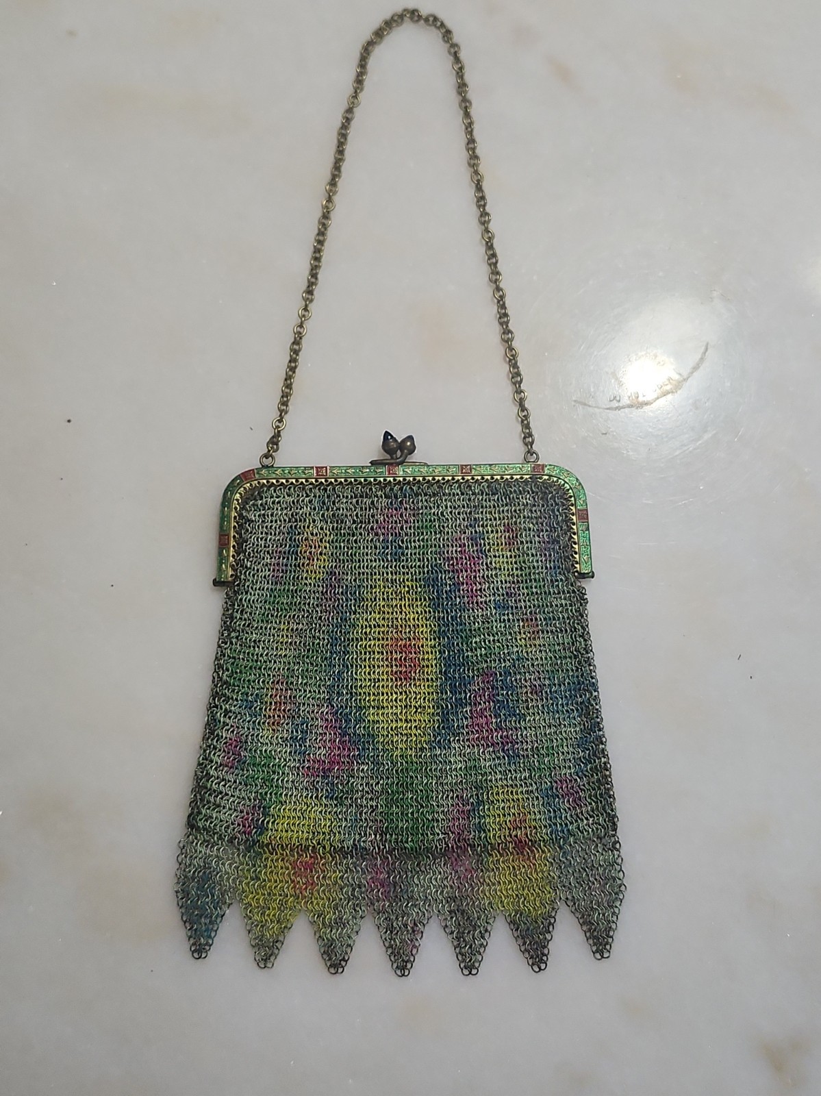 1920s Art Deco metal mesh evening bag purse with floral pattern