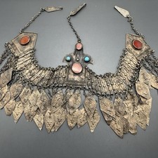 Antique Turkmen Tribal Silver Carnelian Turquoise Glass Head Piece Headdress