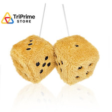 Pair 3 Gold Fuzzy Plush Dice With Black Dots For Car Mirror Soft Champagne