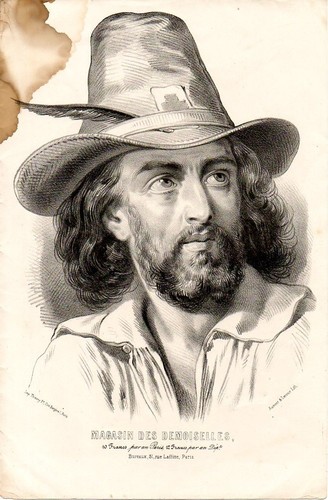 Stampa antica UOMO con BARBA e CAPPELLO con PIUMA 1850 Old Print | eBay